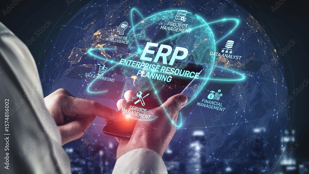 Poster erp platform visual showing centralized system for enterprise resource planning, improving integrati