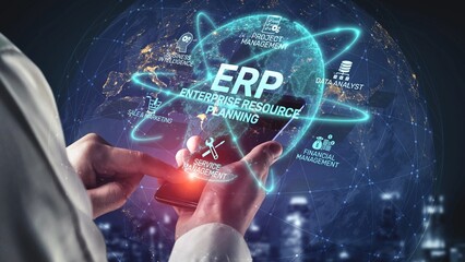 ERP platform visual showing centralized system for enterprise resource planning, improving...