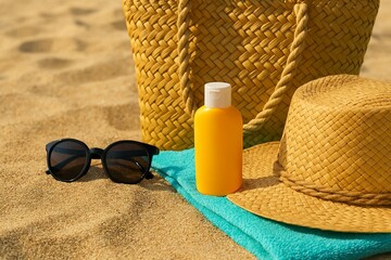High-resolution photo of sunscreen, straw hat, sunglasses, and beach bag on sand under summer sunlight. Bright, realistic scene with vacation and skincare theme. No people.