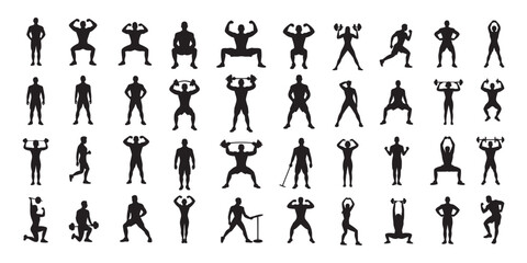 Collection of Diverse Fitness Silhouettes Featuring Weightlifting, Stretching, and Bodyweight Exercises for Gym, Sports, and Health Promotion