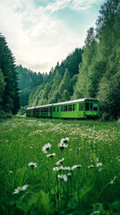 Train travels through a lush green forest landscape with blooming daisies nearby