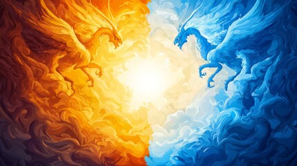 A vibrant battle between two dragons symbolizing chaos and harmony amidst vivid clouds and radiant light.