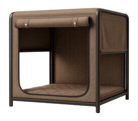 Collapsible dog crate for a living room, featuring a metal frame and a removable fabric cover for comfort and privacy.