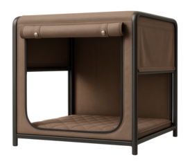 Collapsible dog crate for a living room, featuring a metal frame and a removable fabric cover for comfort and privacy.