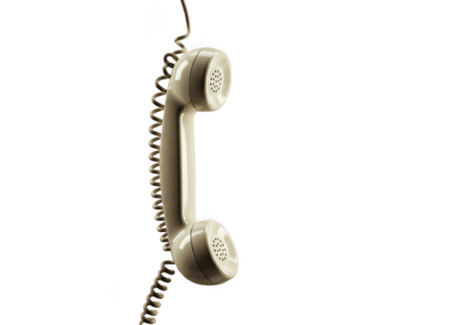 Retro beige telephone handset with coiled cord hanging isolated on white background