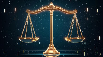 A golden scale symbolizing justice balances against a digital backdrop, representing fairness and equality.