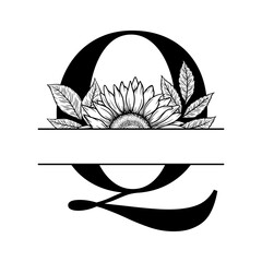 Sunflower split monogram design, alphabet letter Q decorated with floral illustration. Perfect for personalized gifts, farmhouse decor, wedding initials, laser cut file, family sign, and DIY crafts.