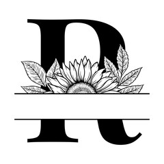 Sunflower split monogram design, alphabet letter R decorated with floral illustration. Perfect for personalized gifts, farmhouse decor, wedding initials, laser cut file, family sign, and DIY crafts.