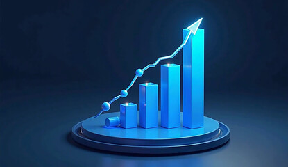  A 3D bar graph with a rising arrow, representing upward trends and positive data progression.