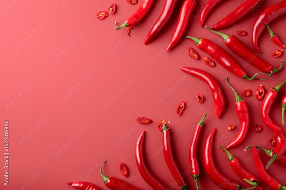 Poster fresh red chili peppers and slices arranged on a matching red background, creating a vibrant and spi