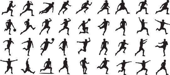 Naklejka premium Silhouetted Athletes in Dynamic Action An Array of Runners Jumpers and Basketball Players Showcasing Sports and Physical Activity