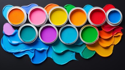 Vibrant paint cans and colorful paint spills create an artistic and lively composition in this visually striking image.