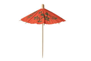 Red cocktail umbrella with leaf decorations isolated on transparent background, perfect for summer cocktail visuals