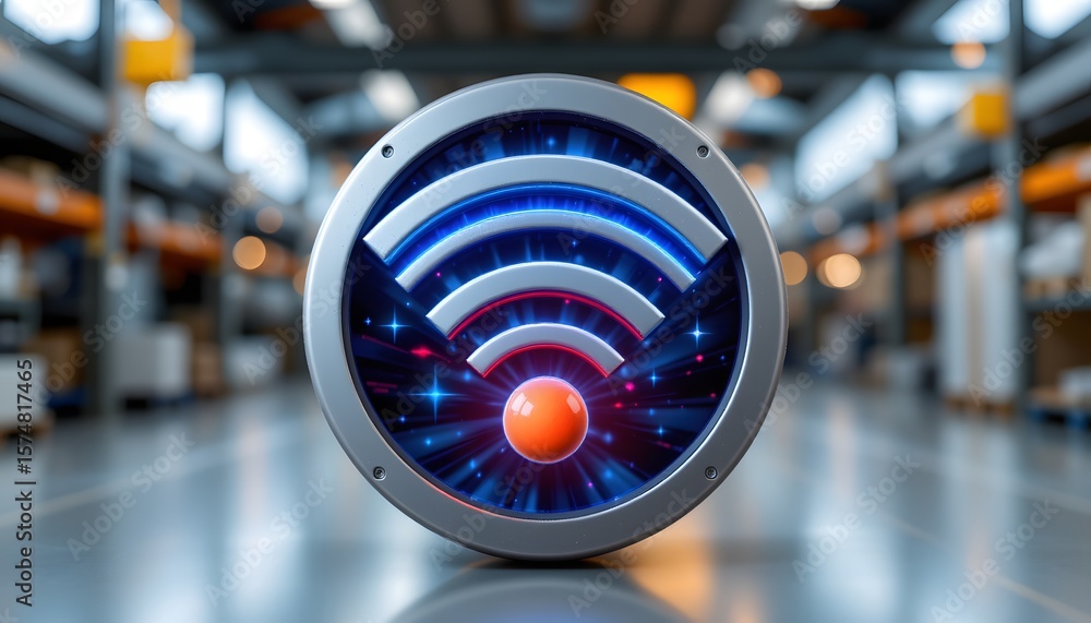 Poster wireless connectivity: a digital image of a wi-fi symbol, glowing brightly in a warehouse environmen