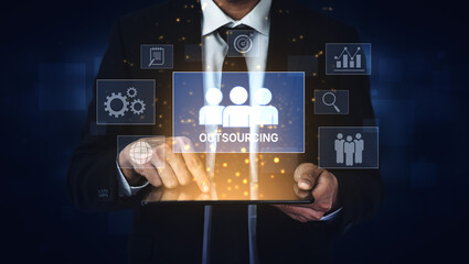 Outsourcing concept showing collaboration, delegation, global workforce, productivity, and task...