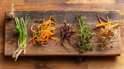 Chef placing vegetable scraps on wooden cutting board for stock or compost