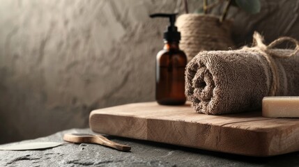 Serene Spa Still Life: Brown Bottle, Rolled Towel, and Soap on Rustic Wood Create Calming Ambiance for Self Care Rituals.