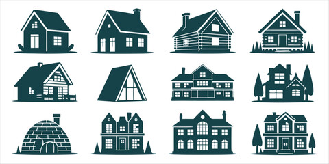 Fototapeta premium Diverse Collection of House Icons Showing Various Architectural Styles and Designs in Simple Vector Graphics Format on a White Background