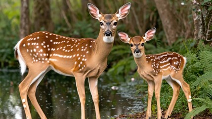 Obraz premium A mother deer and her fawn standing side-by-side, captured in a moment of serene connection, against a backdrop of lush greenery. Their spotted coats, a symbol of wild beauty.
