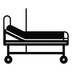 Silhouette icon of a hospital bed with headboard, mattress, and IV pole—simple and clean design symbolizing healthcare, patient care, and medical facilities.
