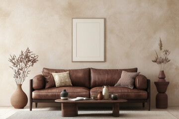 Stylish boho living room interior featuring a brown leather sofa and elegant decor accessories for modern living
