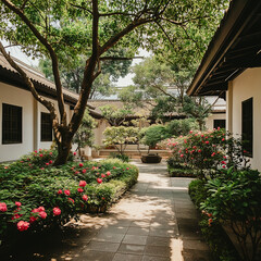 Peaceful courtyard garden with flowers and trees in traditional architecture setting