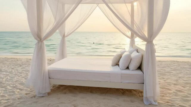 Romantic Beach Bed at Sunrise - A white bed with pillows sits under a white canopy on a pristine beach, overlooking a calm ocean at sunrise.
