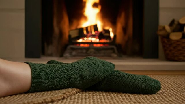 Dark green knitted socks by fireplace