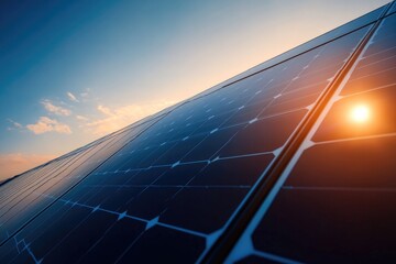A detailed close up of a solar panel, with sunlight shining brightly through it