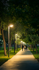 Evening stroll along a well-lit pathway in a serene city park