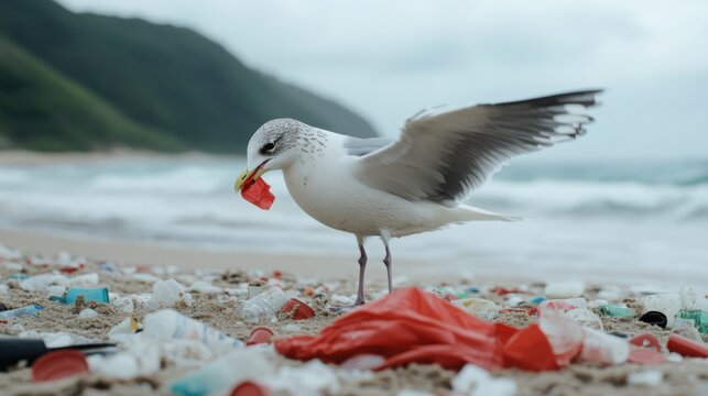 A seagull with plastic debris on a polluted beach, environmental awareness. A seagull is seen on a beach with plastic trash, depicting the impact of pollution on wildlife.