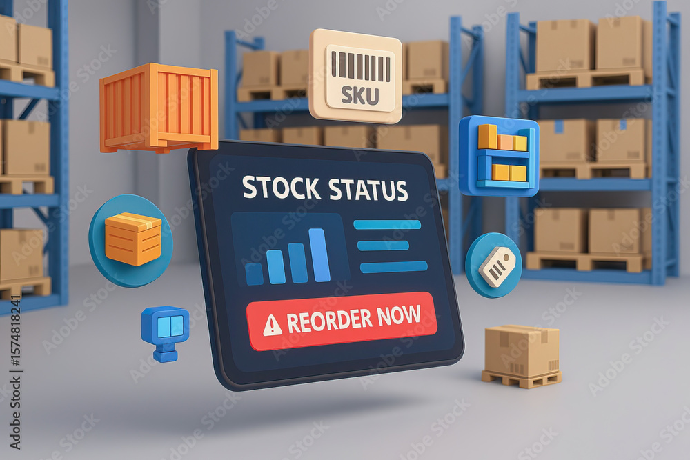 Poster stock status screen with reorder alert and inventory icons floating in warehouse with shelves and ca