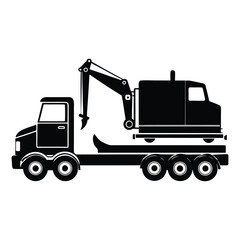 A low-bed truck trailer carrying a heavy excavator silhouette, showcasing powerful machinery and transport in sleek, bold black outline against a clean background. 