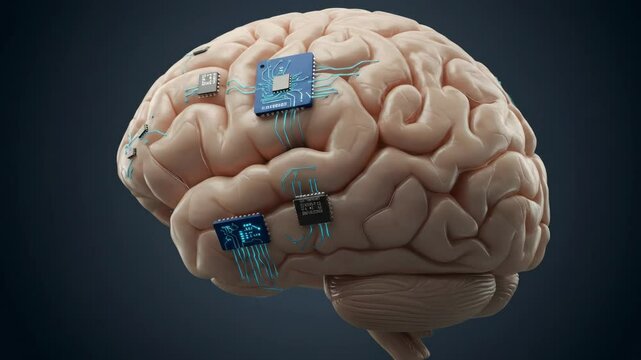 Human Brain with Integrated Microchips - A detailed 3D video of a human brain with several microchips integrated into its surface, showcasing the concept of brain-computer interfaces or neural