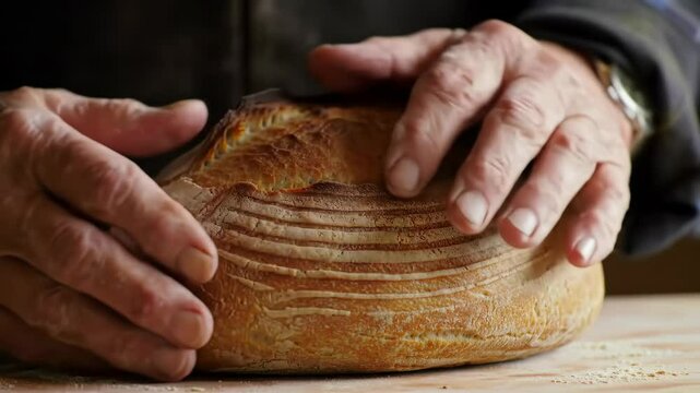 Hands holding a freshly baked loaf of sourdough bread