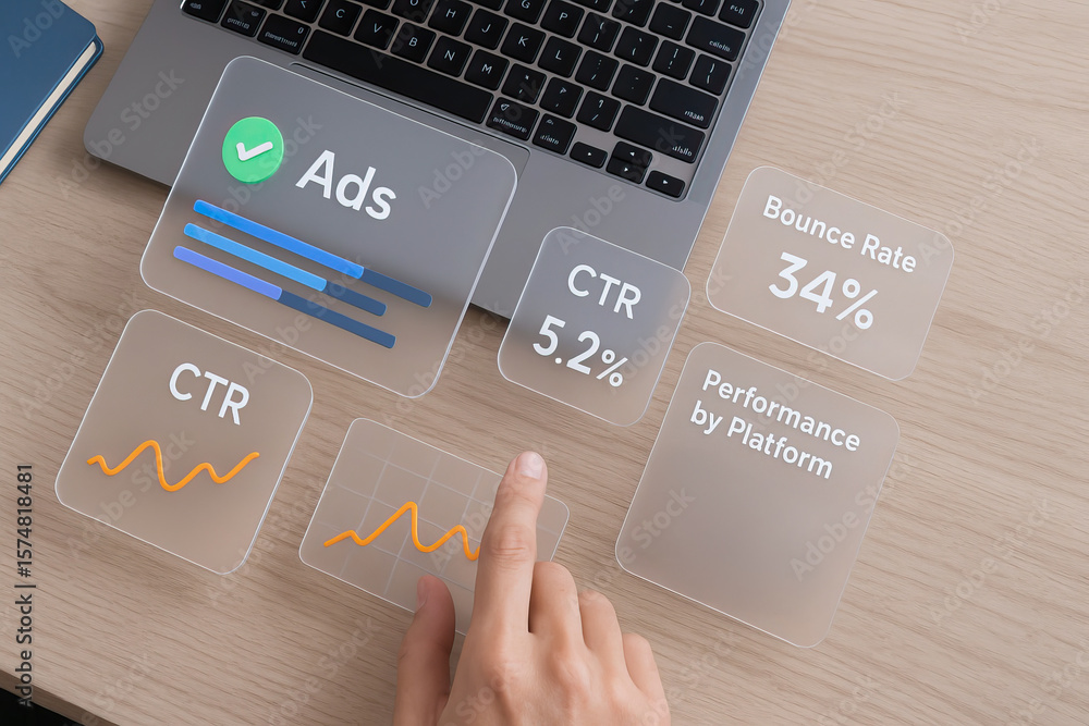 Aufkleber digital marketing analytics concept with hand pointing on virtual screen showing ads, click through 