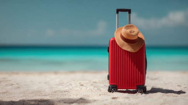 A red suitcase and a hat on a sandy beach, set against a bright blue sea, captures the essence of travel and leisure. The image evokes a sense of adventure and relaxation