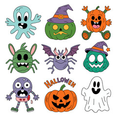 Obraz premium Vector art of a festive array of halloween characters, showcasing pumpkins, ghosts, spiders, bats, and whimsical monsters