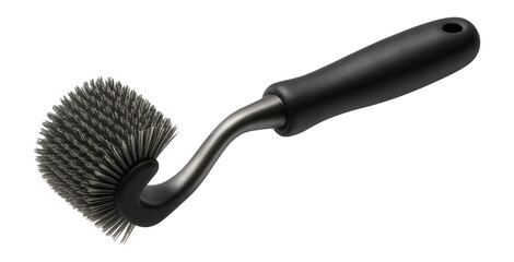 Grill cleaning brush with a flexible head, adept at conforming to the curves of a kettle grill in a backyard.