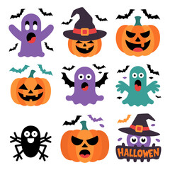 Fototapeta premium Vector art of a spooky collection of nine halloween icons including ghosts, pumpkins, bats, and spiders