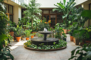 Serene indoor garden with a tranquil fountain surrounded by lush greenery