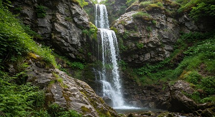 Fototapeta premium Scenic Waterfall Flowing Over Rocky Cliff Surrounded by Green Foliage in Lush Forest