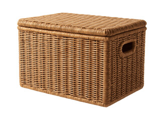 Wicker storage box with handles for storing blankets in a living room.