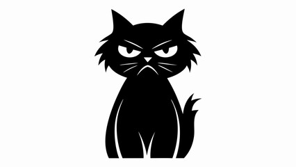 Obraz premium Illustration of a black cat with an angry expression and pointy ears sitting upright on a white background