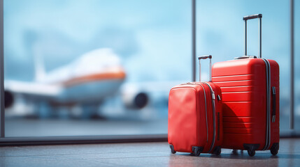 Bright red suitcases await travel at the airport with a blurred airplane in the background