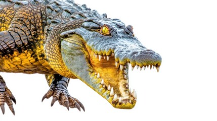 Obraz premium A close-up of a menacing crocodile, with its mouth wide open, revealing sharp teeth and powerful jaws. The image captures the raw power and predatory nature of this reptile