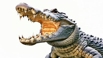 Obraz premium A close-up shot of a ferocious crocodile with its jaws wide open, showcasing its teeth and rough skin. This reptile is an apex predator, radiating power and aggression.