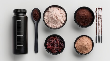 Black Bottle and Bowls Filled with Ingredients: Raisins, Flour, and Cocoa Powder on a White Background for Recipe Preparation