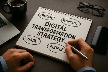 Digital transformation strategy process technology data people planning notebook pen vision