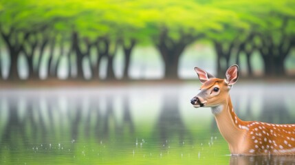 Obraz premium A beautiful deer standing in the lake near a tree